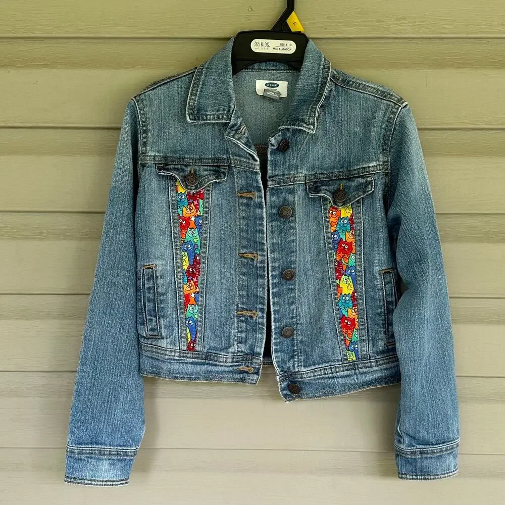 Upcycled Old Navy Size 8 Child's Jean Jacket Cat Theme